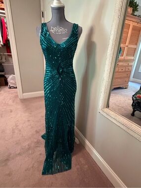 Aidan Mattox Teal Sequin V-Neck Evening Gown